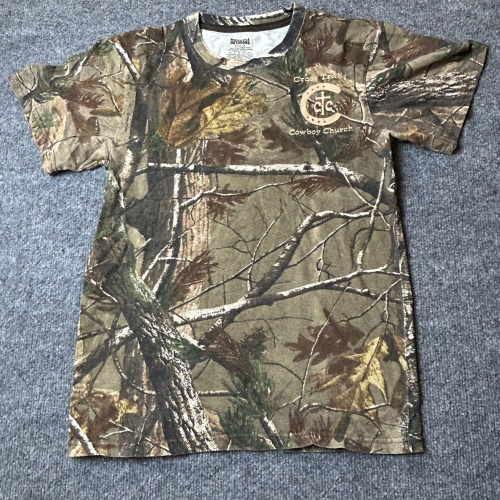 Russell Outdoors T-Shirt Mens Size S Camo Realtree Cowboy Church Graphic Cotton